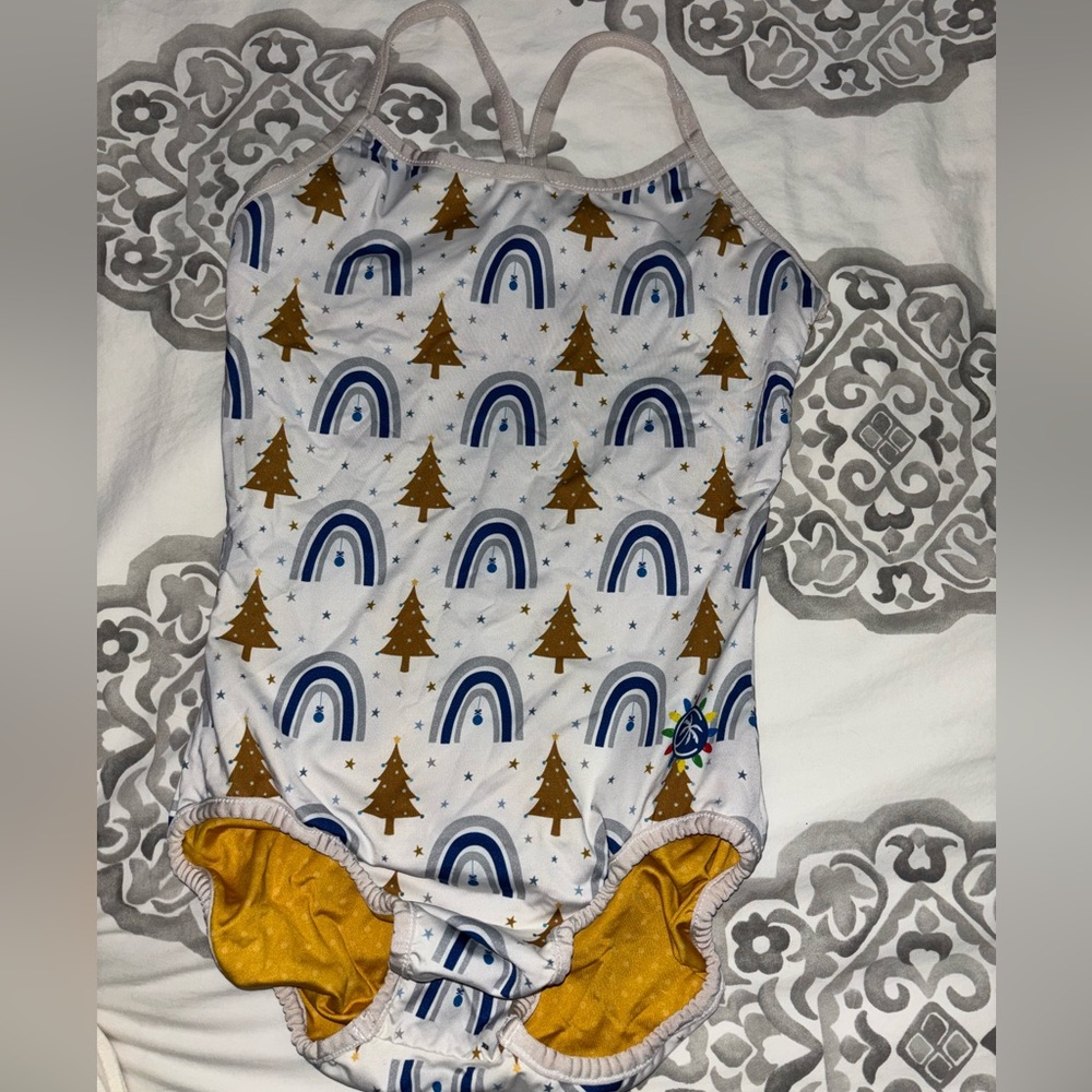 White gymnastics leotard with Rainbow and Tree Print